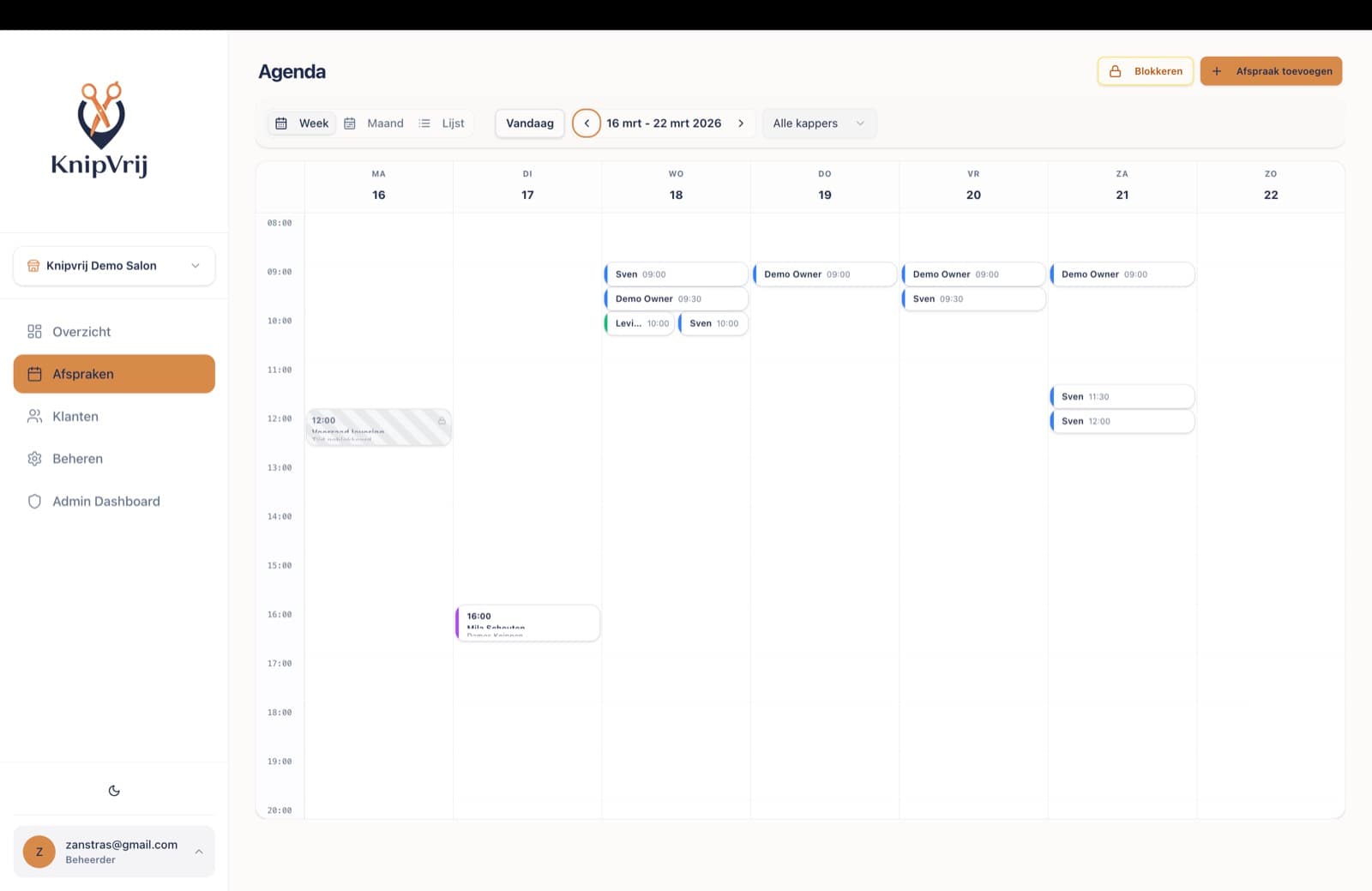 KnipVrij: Dashboard mit Terminplanung eines Salons